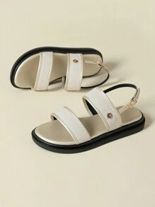 厚底女士搭扣凉鞋,撞色复古度假波西米亚风露趾凉鞋,舒适简约夏季新款坡跟平底防滑沙滩鞋,搭配连衣裙优雅时尚,波点帆布运动休闲鞋,春秋季糖果色系,金色圆头,金属纽扣罗马凉鞋 - 金色 - 查看 3