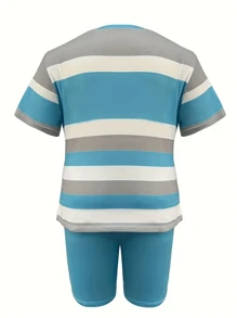 Plus Size Casual Two Pieces Shorts Set Color Block Crew Neck Short Sleeve Top & Solid Color Pocket Shorts Outfits For Spring & Summer 2 Piece Sets For Women Summer Striped Outfits Round Neck Track Suits Sweatsuits Women's Plus Size Clothing For Party - 藍色 - 查看 3