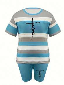 Plus Size Casual Two Pieces Shorts Set Color Block Crew Neck Short Sleeve Top & Solid Color Pocket Shorts Outfits For Spring & Summer 2 Piece Sets For Women Summer Striped Outfits Round Neck Track Suits Sweatsuits Women's Plus Size Clothing For Party - 藍色 - 查看 2