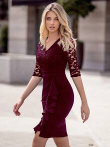 MIUSOL Elegant V Neck Floral Lace Ruffle Trim Cocktail Party Bodycon Dress - Burgundy - View 7