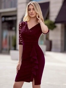 MIUSOL Elegant V Neck Floral Lace Ruffle Trim Cocktail Party Bodycon Dress - Burgundy - View 4
