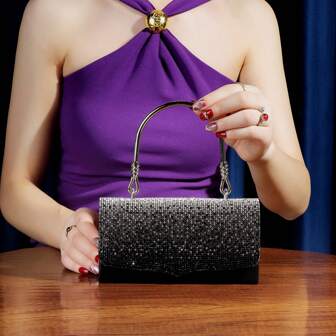 女士闪亮渐变水钻手拿包，优雅晚装包，适合婚礼、派对、黑色礼服、时尚奢华链条单肩包