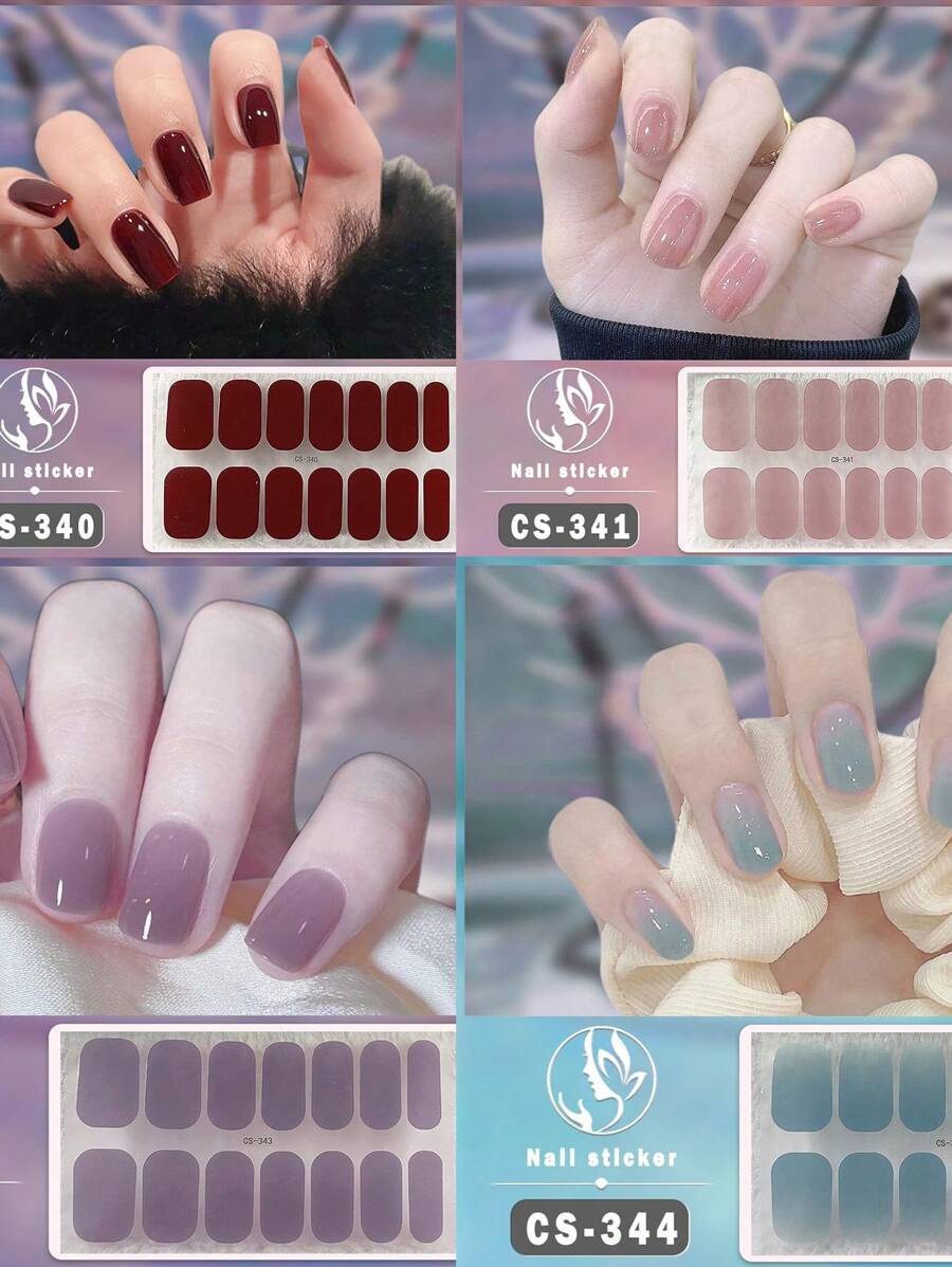 1pc 14 Pcs Solid Color Simple & Cool Design Waterproof Peel-Off Gel Nail Art Stickers, Full Nail Coverage Nail Stickers For Women, Easy To Use For Holiday, Party, Stage, Halloween, Daily Decoration, Gift