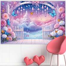 1 pieza Pancarta de fondo para fiesta con patrón de flores moradas, mariposas y nubes, 210 X 150cm / 150 X 100cm / 100 X 75cm, adecuado para baby shower, bautizo, decoración de mesa de pastel y fondo de estudio fotográfico - Multicolor - Ver 7