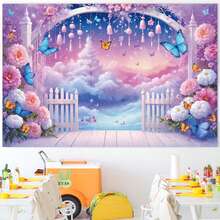 1 pieza Pancarta de fondo para fiesta con patrón de flores moradas, mariposas y nubes, 210 X 150cm / 150 X 100cm / 100 X 75cm, adecuado para baby shower, bautizo, decoración de mesa de pastel y fondo de estudio fotográfico - Multicolor - Ver 5