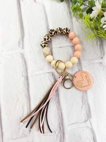 1pc Leopard Wooden Bead Silicone Bead Korea Tassel Charm Heart Wood Slice Wrist Phone Cord, Bag Charm, Key Chain Accessory, Mother's Day Gift Gifts For Mother, Family, Friends, Birthday, Holiday Phone Charm, Phone Chain