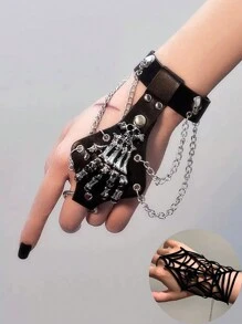 Skeleton Spider Web Darkly Chain Fingerless Punk Halloween Gloves - Multicolor - View 7