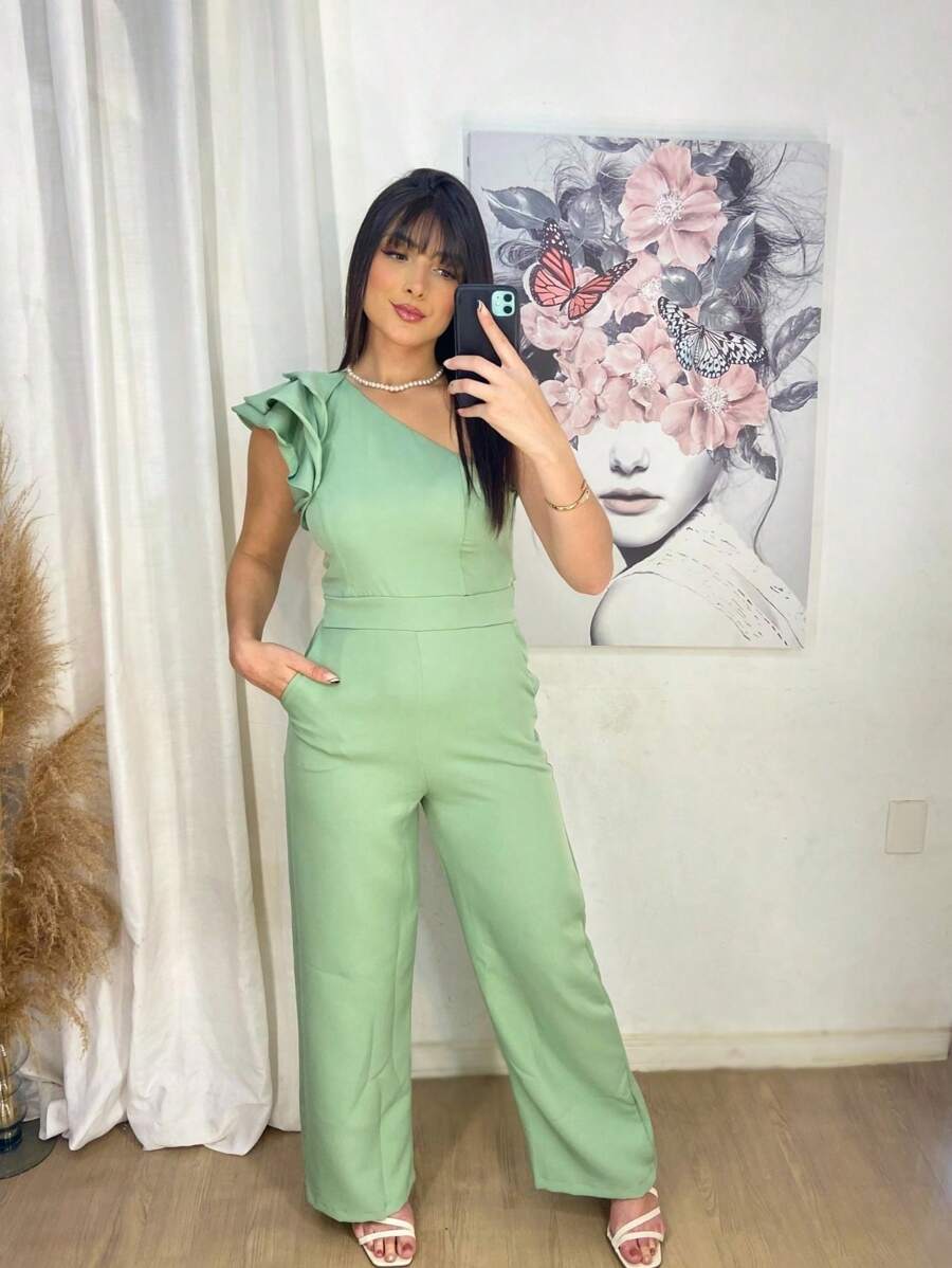 Mule Jumpsuit With Limp Pants, Details On The Sleeve - 綠色 - 查看 1
