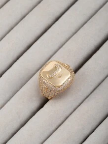 1 件女式嘻哈风格全水钻 18K 镀金首字母阿拉伯字母开口戒指 - 金色 - 查看 15