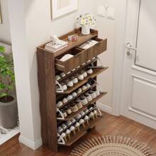 Free Standing Tipping Bucket Shoe Rack Organizer With 3 Flip Bins & 2 Drawers, Modern Entryway Narrow Shoe Storage With Top Cubby, Suitable For Bedroom, Entryway, Or Hallway - walnut - View 7