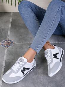 Zapatos deportivos casuales con bloques de color, tiras cruzadas, malla calada, ligeros y versátiles, zapatillas de mujer de moda - Blanco y Negro - Ver 2