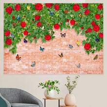 1 pieza Fondo de fotografía de pared de ladrillo rojo de poliéster con plantas verdes frondosas, flores rojas y mariposas para cumpleaños, baby shower, bautizo, fondo fotográfico reutilizable, tamaño: 210*150cm/150*100cm/100*75cm - Multicolor - Ver 6