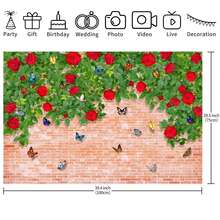 1 pieza Fondo de fotografía de pared de ladrillo rojo de poliéster con plantas verdes frondosas, flores rojas y mariposas para cumpleaños, baby shower, bautizo, fondo fotográfico reutilizable, tamaño: 210*150cm/150*100cm/100*75cm - Multicolor - Ver 10