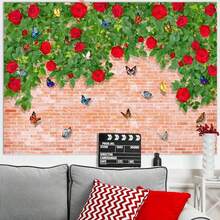 1 pieza Fondo de fotografía de pared de ladrillo rojo de poliéster con plantas verdes frondosas, flores rojas y mariposas para cumpleaños, baby shower, bautizo, fondo fotográfico reutilizable, tamaño: 210*150cm/150*100cm/100*75cm - Multicolor - Ver 2