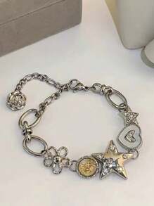 1pc Punk Style Star & Heart Button Bracelet, Luxury Vintage Delicate Niche Design Accessory Valentines - Multicolor - View 1