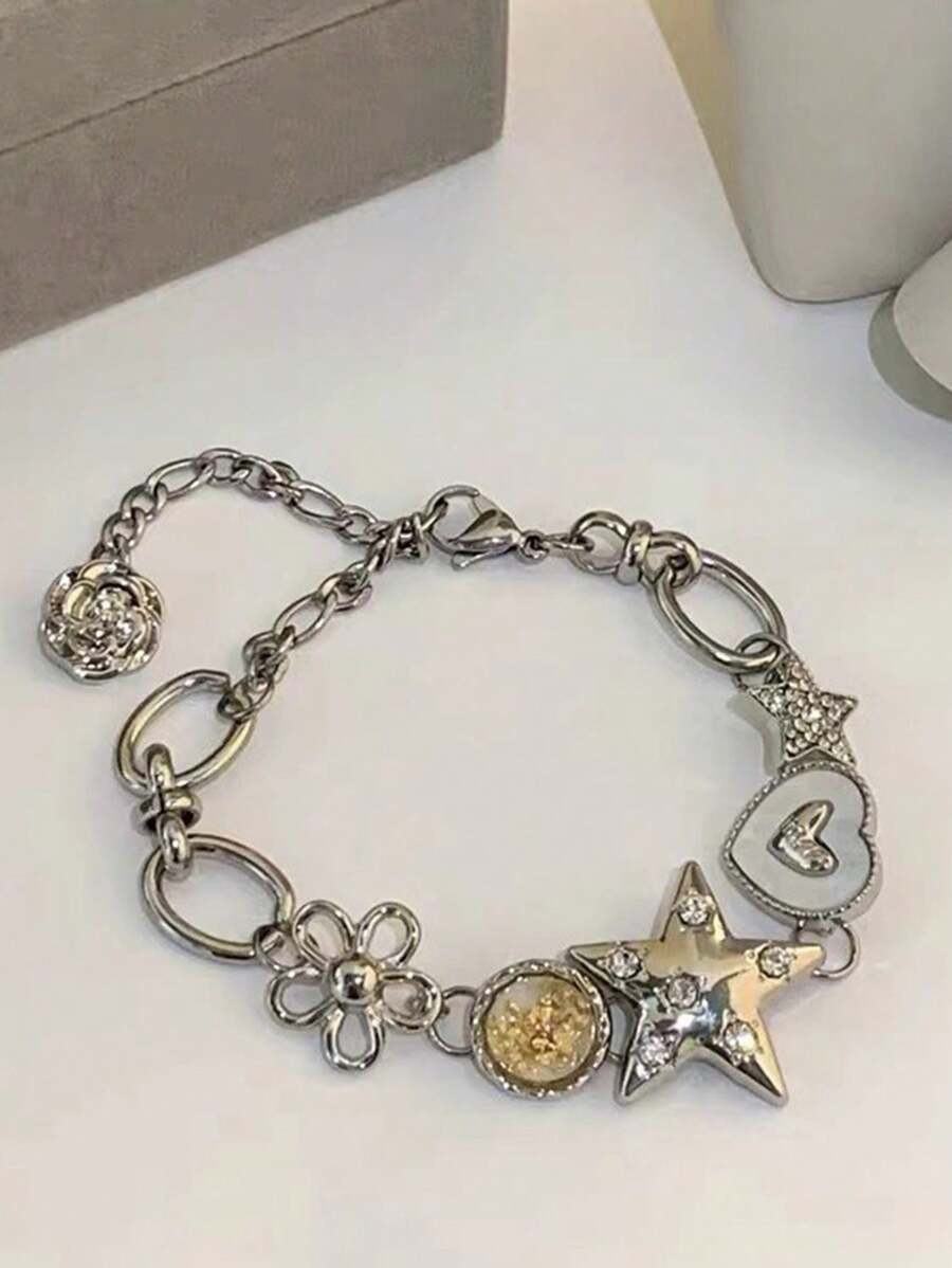 1pc Punk Style Star & Heart Button Bracelet, Luxury Vintage Delicate Niche Design Accessory Valentines - Multicolor - View 1