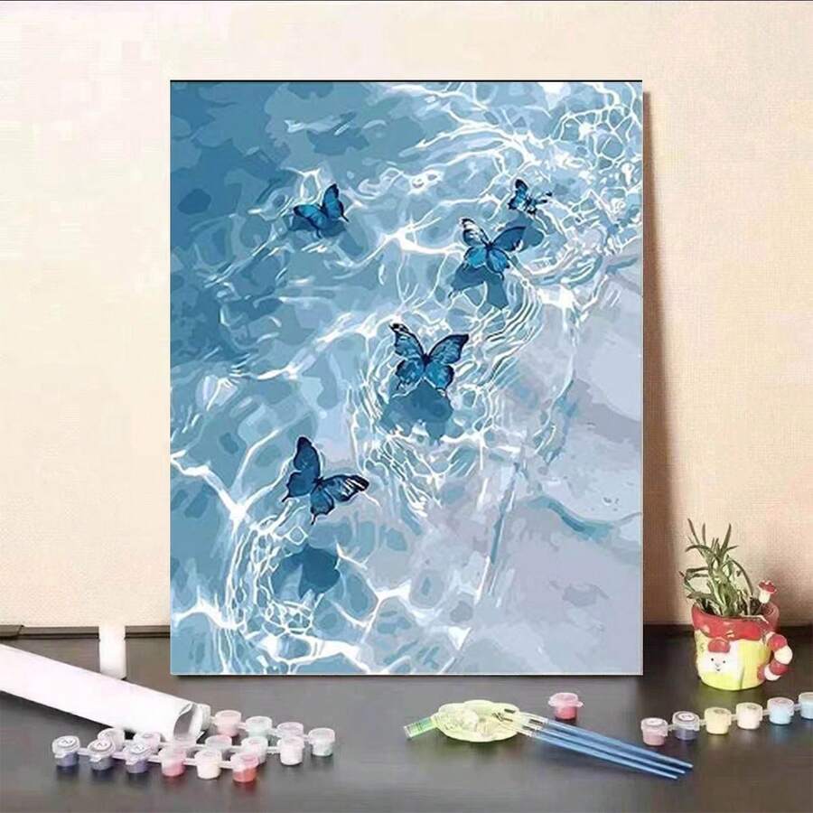 1 套成人 DIY 数字油画、绘画和啜饮套装，适用于成人儿童绘画和艺术绘画用品套装海滩蝴蝶花朵家居装饰 11.8x15.7 英寸，带木框 - 藍色蝴蝶 - 查看 1