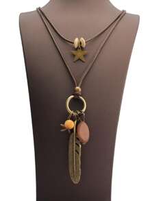 1pc Turquoise Feather Pendant Necklace For Women, Vintage Style Brown Beaded Wax Cord Necklace