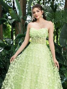 Elisanya Faeriesty 舞会礼服优雅蝴蝶贴花薄纱露肩返校派对礼服非常适合返校、聚会、舞会和生日派对 - 綠色 - 查看 7
