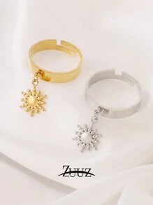 1 pieza Anillo con colgante de sol de acero inoxidable con baño de oro de 18K, de diseño geométrico abierto, anillo para mujer, mejor regalo de amigas