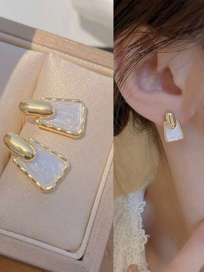 Moonfan 2 قطعتين أقراط أذن بيضاء هندسية بطراز رجعي أنيق، تصميم بسيط للارتداء اليومي، أقراط للنساء