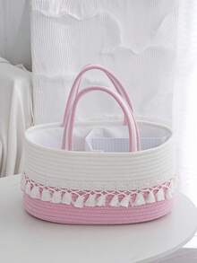 1 件 36 厘米 X 22 厘米 X 18 厘米便携式尿布盒，带可拆卸隔板，流苏设计柔软编织面料，包括方便携带的手柄，多功能收纳盒，用于存放尿布、湿巾、纸巾、婴儿用品，非常适合托儿所组织和新父母礼物 - 香檳色 - 查看 4