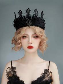 哥特式女王皇冠 - 涤纶混纺黑色绷带皇冠，带珠宝细节，无羽毛，万圣节女孩派对朋克装饰配件女巫 - 彩色 - 查看 5