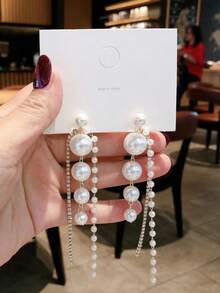 1 cặp hoa tai tua rua đính đá và ngọc trai phong cách Châu Âu & Mỹ cổ điển, hoa tai tuyên bố thời trang - Màu be - Xem 2