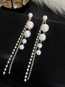 1 cặp hoa tai tua rua đính đá và ngọc trai phong cách Châu Âu & Mỹ cổ điển, hoa tai tuyên bố thời trang - Màu be - Xem 6