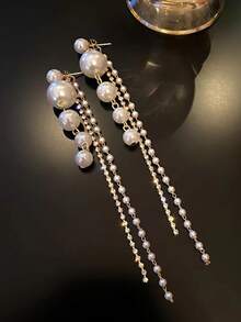 1 cặp hoa tai tua rua đính đá và ngọc trai phong cách Châu Âu & Mỹ cổ điển, hoa tai tuyên bố thời trang - Màu be - Xem 3