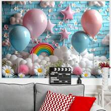 1pc Spring Rainbow Daisy Photography Backdrop, Colorful Rainbow Balloons Birthday Party Decor, Multi-Function Polyester Home Wall Decor Tapestry 210*150cm/150*100cm/100*75cm, For Christmas, Birthday Banner, Cake Table Decor, Christening Party, Baby Shower, Wedding, No Electric Required