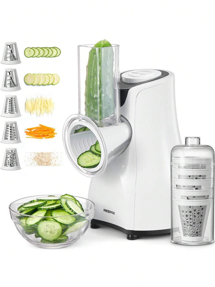 Electric Cheese Grater, Reemix 5 Multi Blade Cheese Shredder Salad Maker For Home Kitchen Use, Detachable Vegetable Slicer Electric Grater For Cheese, Vegetables, Fruits - US A Type Plug(110-127V) - View 1