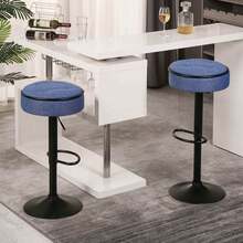 Binlin Taburetes de bar giratorios y sin respaldo de tela de lino con reposapiés, sillas de bar ajustables en altura con base de metal para cocina, pub, isla, juego de 2, azul