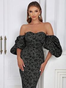 Minimalist Sexy Off-Shoulder Puff Sleeve Open Back Fitted Bodycon Dress For Women - Black - View 8