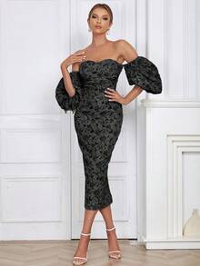 Minimalist Sexy Off-Shoulder Puff Sleeve Open Back Fitted Bodycon Dress For Women - Black - View 9