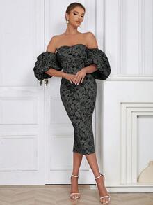 Minimalist Sexy Off-Shoulder Puff Sleeve Open Back Fitted Bodycon Dress For Women - Black - View 3