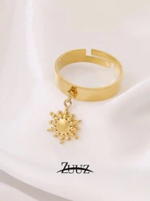 1 pieza Anillo con colgante de sol de acero inoxidable con baño de oro de 18K, de diseño geométrico abierto, anillo para mujer, mejor regalo de amigas