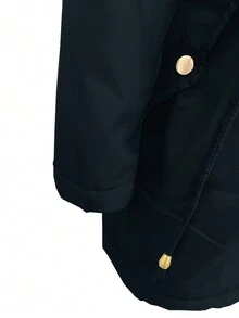 Damen lässiger Mantel mit Kordelzug-Taille, Kapuze und plüschigem Kragen, wattiert, für Herbst/Winter