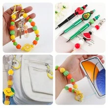 55Pcs/Bag Fruit Flower Cactus Silicone Focal Beads Round Beads Silicone Lentil Beads Set Use For Beadable Pen Keychain DIY Handmade Accessories