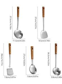 5件/3件不锈钢耐热木纹手柄烹饪用具套装，带锅铲、汤勺和滤网，适用于厨房（批次差异可能导致手柄和滤网孔设计略有不同，不锈钢产品可能会有轻微划痕，但不影响使用）