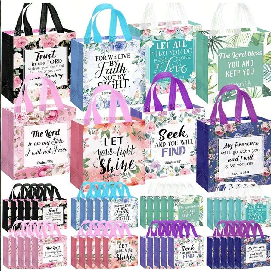 32 Pcs Bible Verse Flower Gift Bag With Handles Reli Gious Reusable Gift Bags Bulk Christian Baptism Tote Bags Non Woven Gift Bags For Women Wedding Birthday Gift Wrapping Bags - 混合顏色 - 查看 1