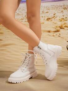 New Fashion Plus Size Women Solid Color Thick Sole Boots Autumn Winter Ladies British Style Lace-Up Ankle Boots