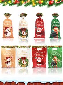 25/50/100 件圣诞糖果袋，卡通风格，带有圣诞老人、雪人、麋鹿零食袋糖果糖果塑料礼品袋圣诞快乐带扭结适用于生日派对零食包装婚礼礼物派对礼物圣诞快乐，家居圣诞装饰 2024 圣诞礼物 2025 新年，圣诞节 - 彩色 - 查看 1