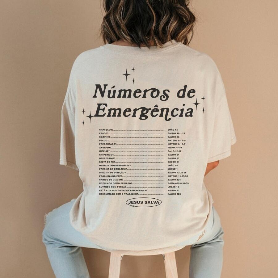 Women's Basic Cotton Christian Gospel Emergency Number T-Shirt - 奶油色 - 查看 1