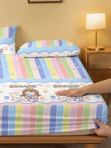 1 st tecknad söt växt blommig djur kanin regnbågsmönster tryckt flanell dra-på-lakan, sovrum tryckt sängöverkast, sängkläder (exklusive örngott)