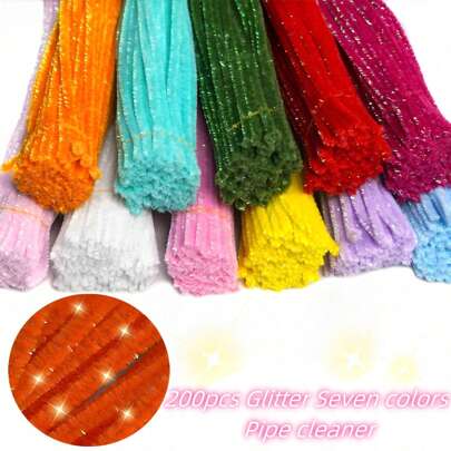 200pcs Glitter Seven Colors Pipe Cleaner, Sparkling Glitter Chenille Stems - Vibrant Colors, Perfect For DIY Arts & Crafts