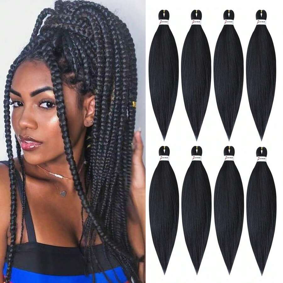 20/26/30 英寸优质 Kanekalon 预拉伸编织接发，专业防痒热水烫发 Yaki 纹理预拉伸编织发 - 黑色 - 查看 1