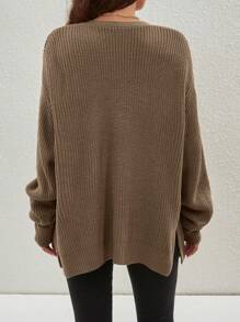 Áo len cardigan dáng rộng màu trơn đơn giản có xẻ tà bên hông, mùa xuân thu, áo dài tay - Màu Khaki - Xem 2