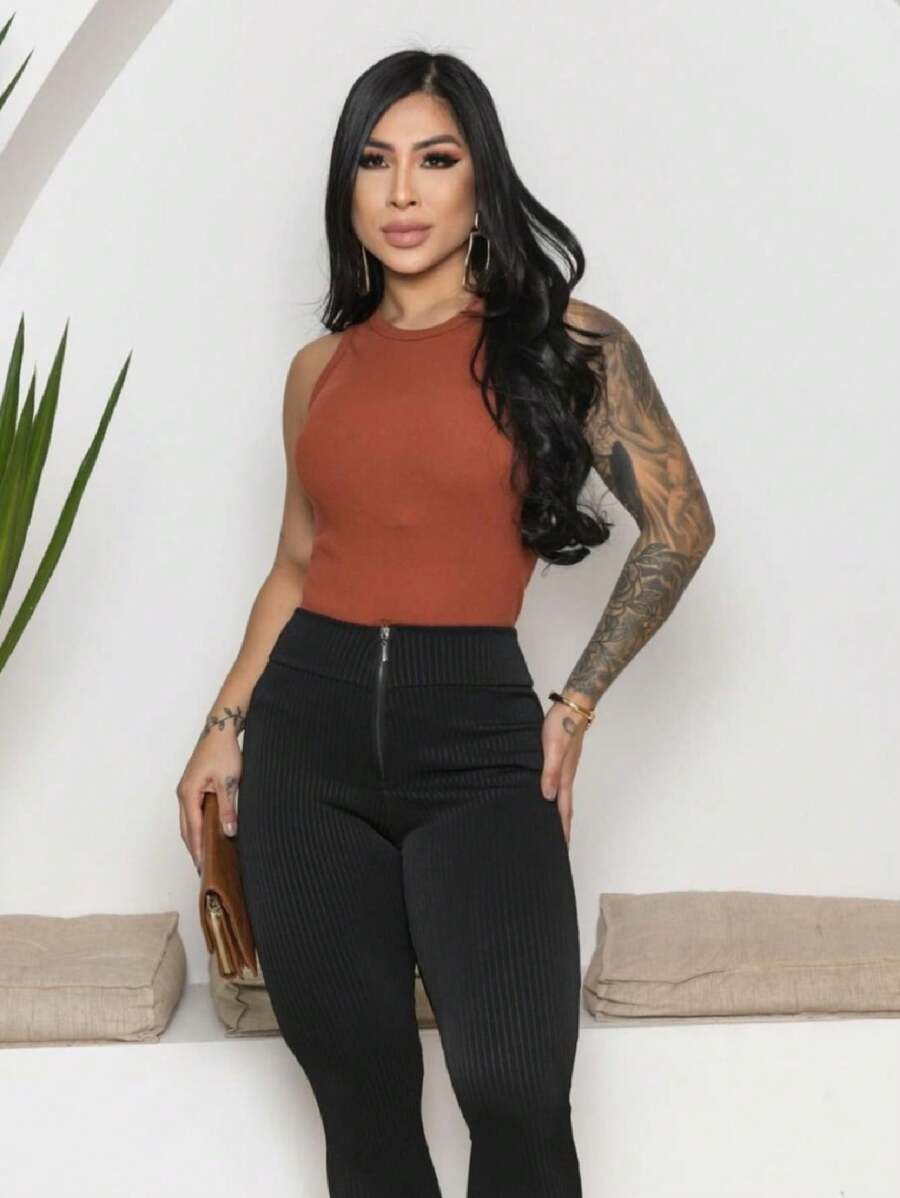 Women's Basic Ribbed Tank Top Ribana - الطين - مشاهدة 1