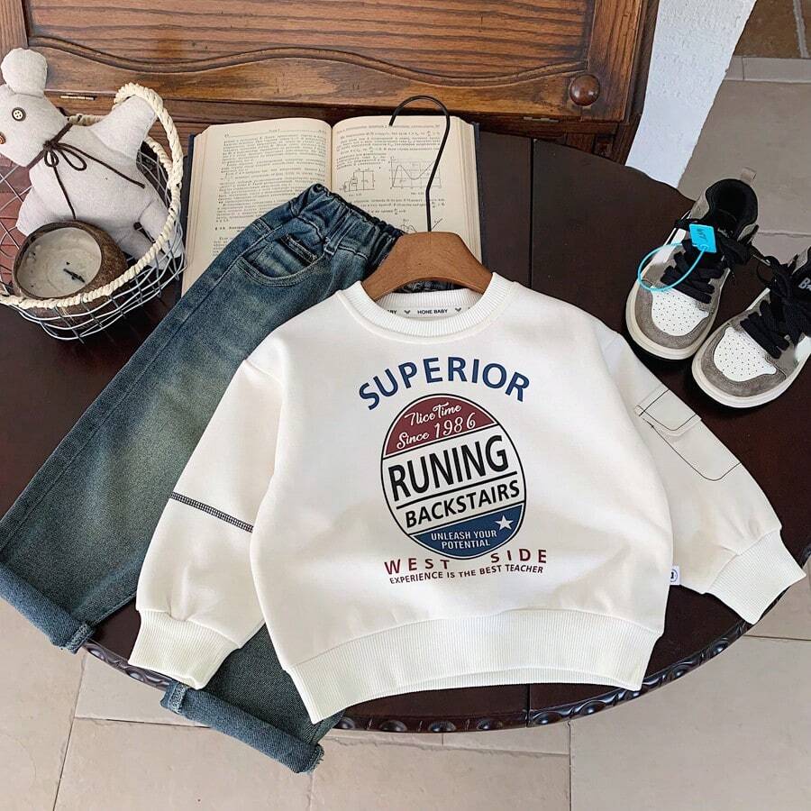 1pc/Set Young Boy Casual Pullover 2024 Autumn New Kids Fashion Kangaroo Pocket Stylish Korean Top, Round Neck Sweatshirt